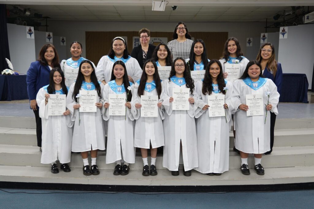 Top Row L-R: Mrs. Daphne Castillo (Vice Principal), Mrs. Christina Mantanona (NHS Adviser)
2nd Row L-R: Dr. Rita Duenas (President), Arianna Cruz, Kaelin Rodriguez, Akaya Wilson, Sarai Dela Cruz, Sophia Leon Guerrero, Mrs. Iris Gaza (Principal)
1st Row L-R: Gianna Torino, Lexi Lansangan, Gabriella Tesoro, Riyanna Sanchez, Keani Cruz, Aniyah Benavente